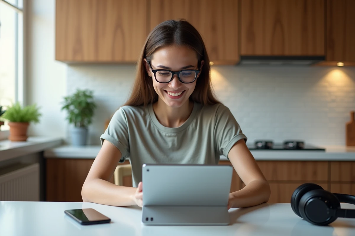 Jeune femme souriante utilisant une tablette à la cuisine