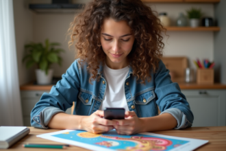 Jeune femme en denim crée un poster sur son smartphone