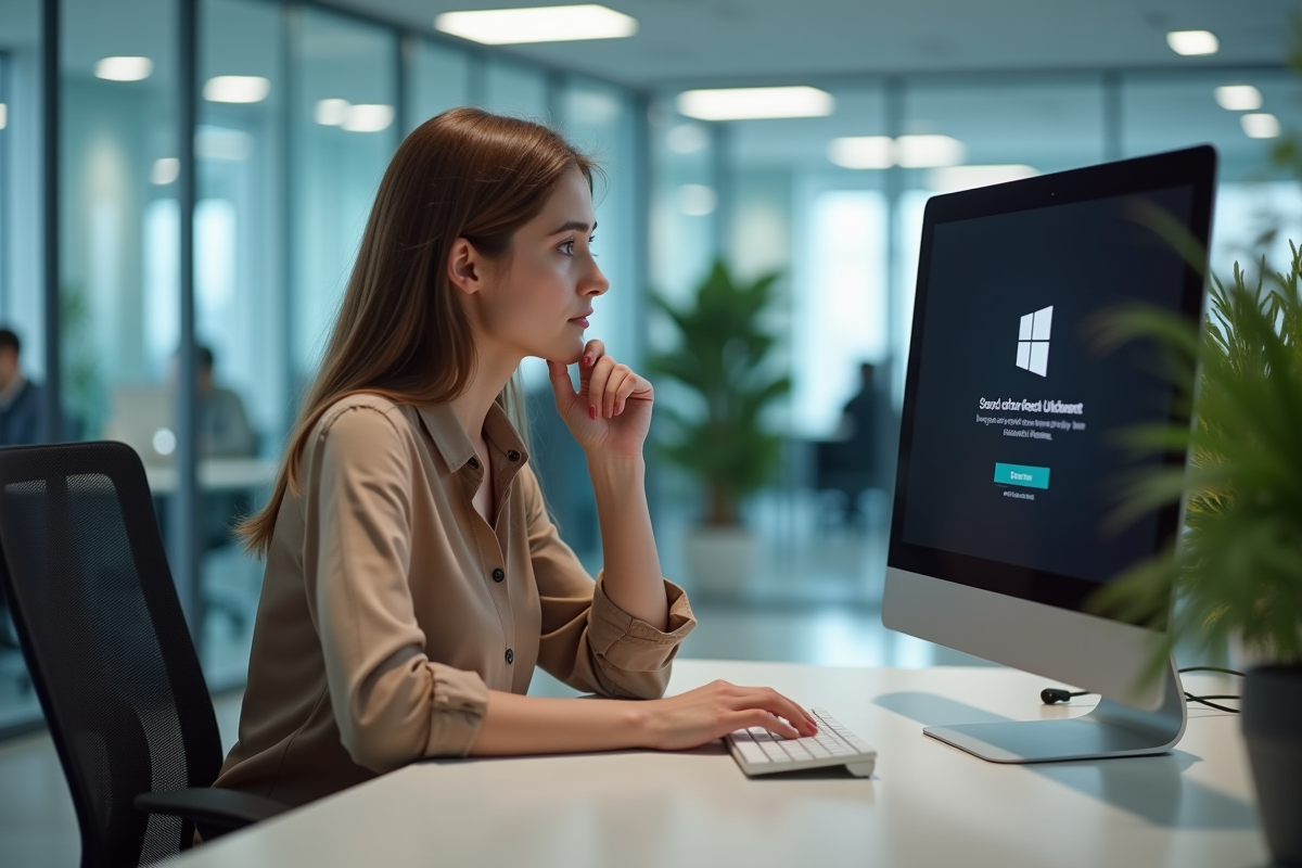 Jeune femme regardant un message de mise à jour Windows sur son bureau