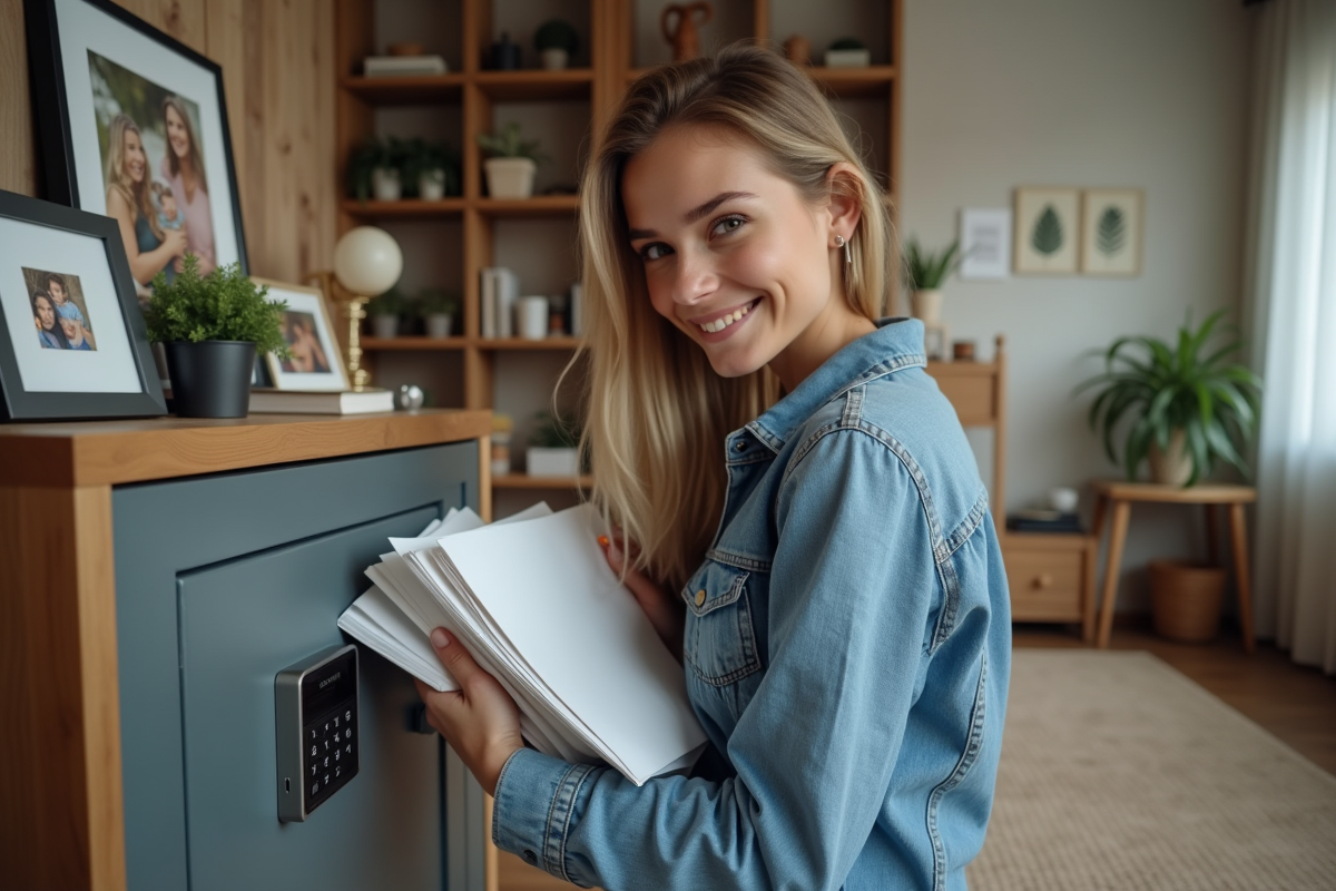 Jeune femme rangeant des papiers dans un coffre-fort à la maison