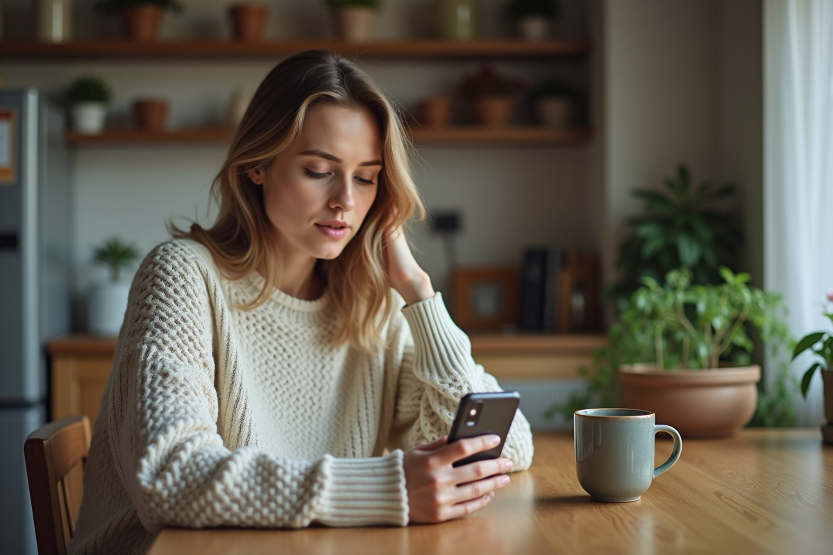 Jeune femme utilisant son smartphone pour désactiver la synchronisation à la maison