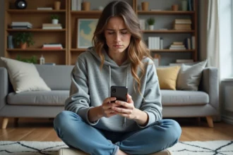 Jeune femme avec smartphone Android en frustration