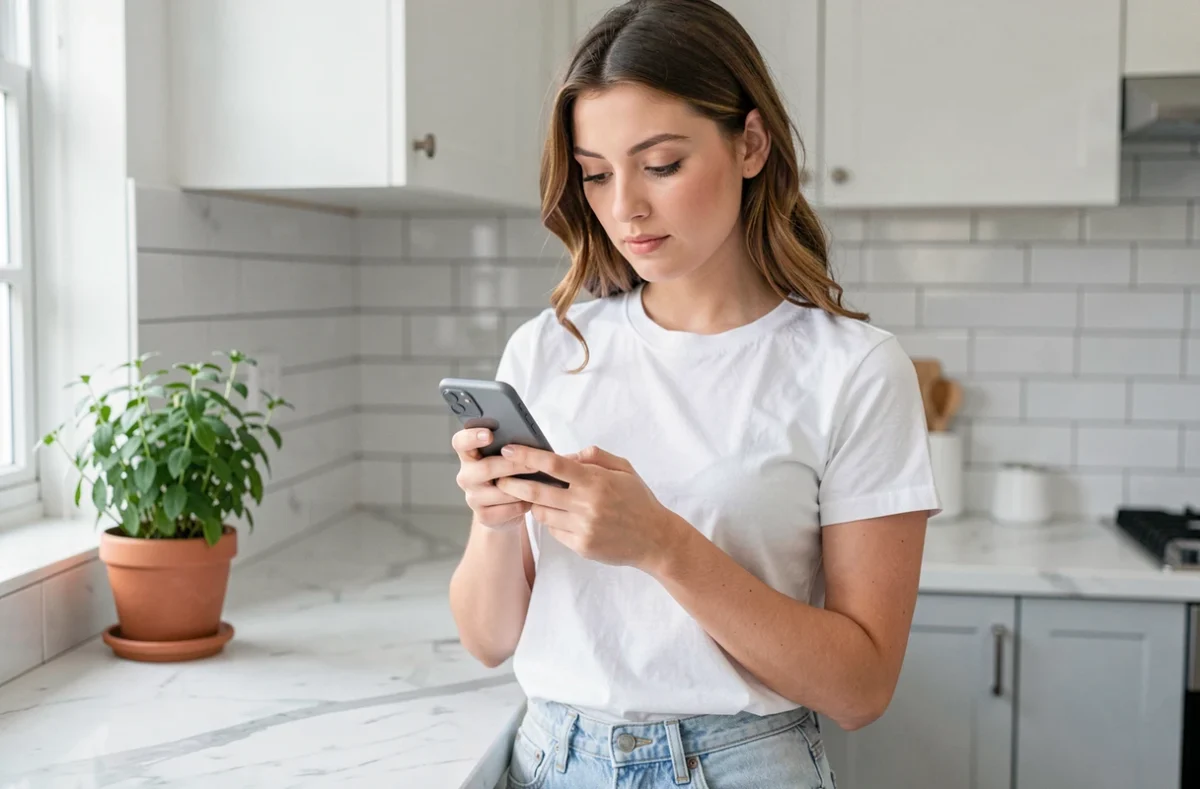Jeune femme supprimant un contact sur Messenger depuis son téléphone dans une cuisine moderne