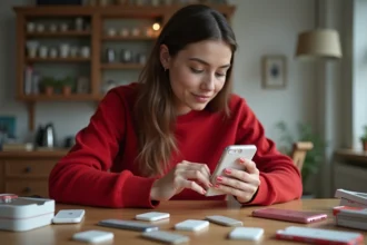 Jeune femme posant avec un téléphone et accessoires de téléphone