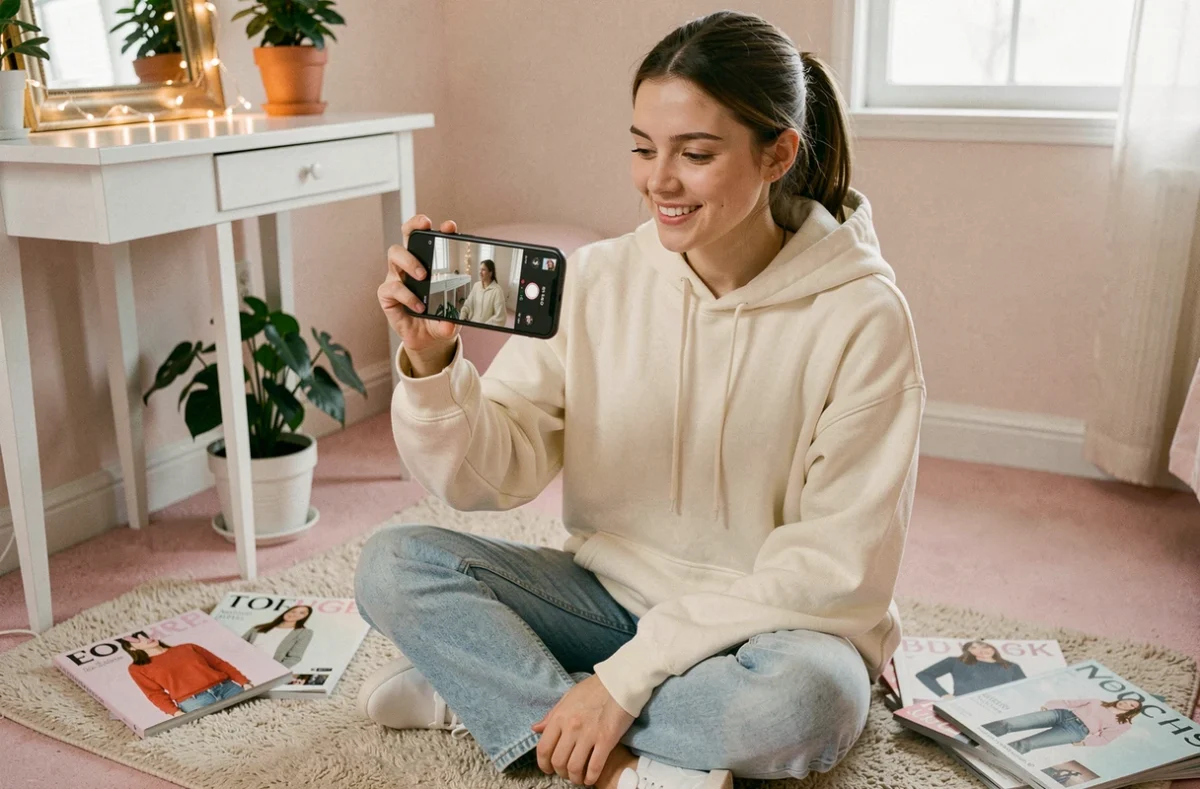 Jeune femme filmant une vidéo TikTok avec un smartphone à moins de 200 euros dans une chambre cosy