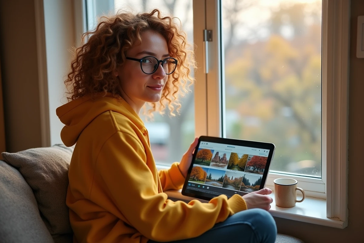 Jeune femme consultant le tutoriel Leonardo AI sur une tablette depuis un appartement cosy avec vue sur la rue