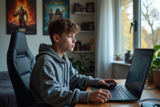 Adolescent concentré devant son ordinateur dans sa chambre