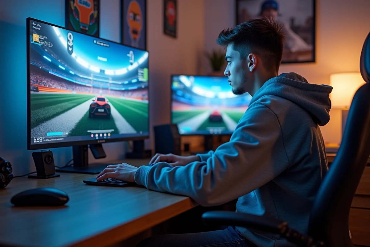 Jeune homme concentré sur son ordinateur gaming Rocket League