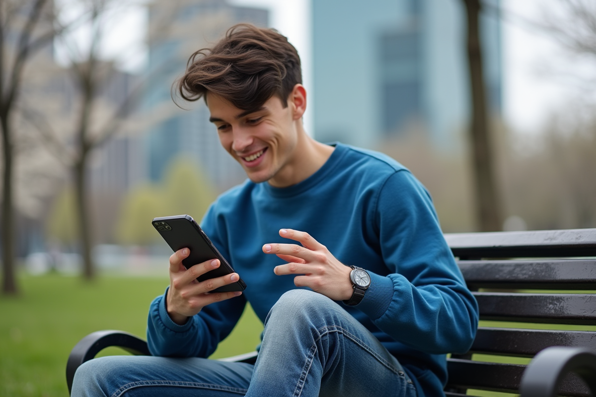 Jeune homme avec smartphone affichant une interface accessible dans un parc