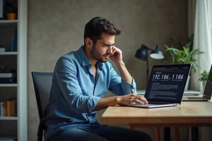 Jeune homme en bureau vérifiant un message d'erreur sur son ordinateur