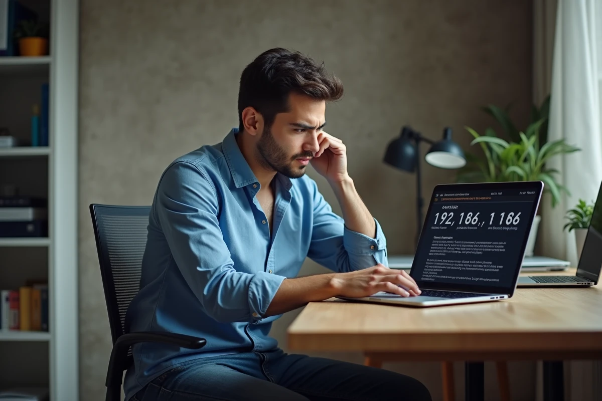 Jeune homme en bureau vérifiant un message d'erreur sur son ordinateur