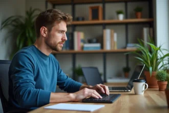 Jeune homme concentré travaillant sur son ordinateur dans un bureau moderne