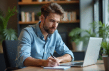 Jeune homme concentré travaillant sur son ordinateur dans un bureau