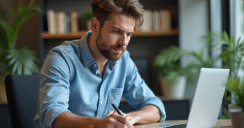 Jeune homme concentré travaillant sur son ordinateur dans un bureau