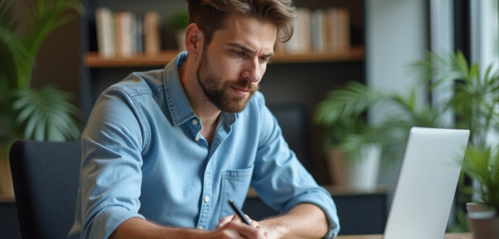 Jeune homme concentré travaillant sur son ordinateur dans un bureau