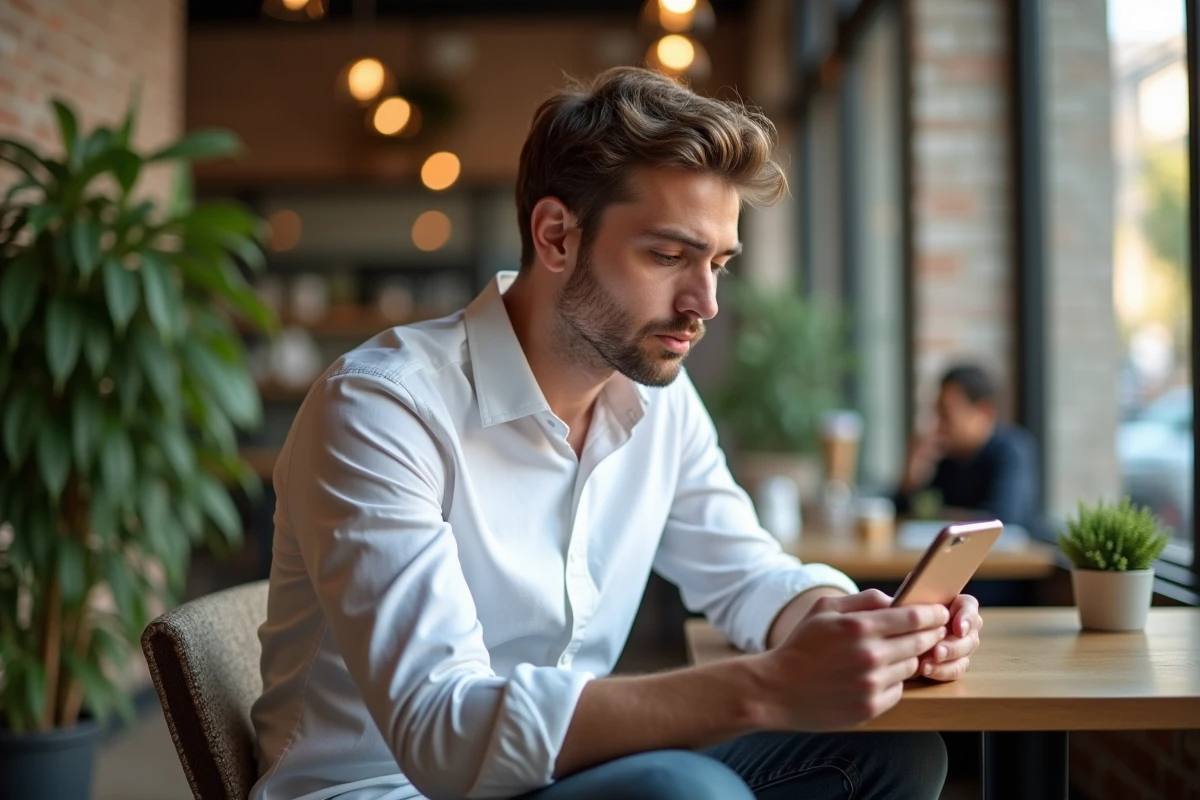 Jeune homme au café examinant son téléphone avec un écran bloqué