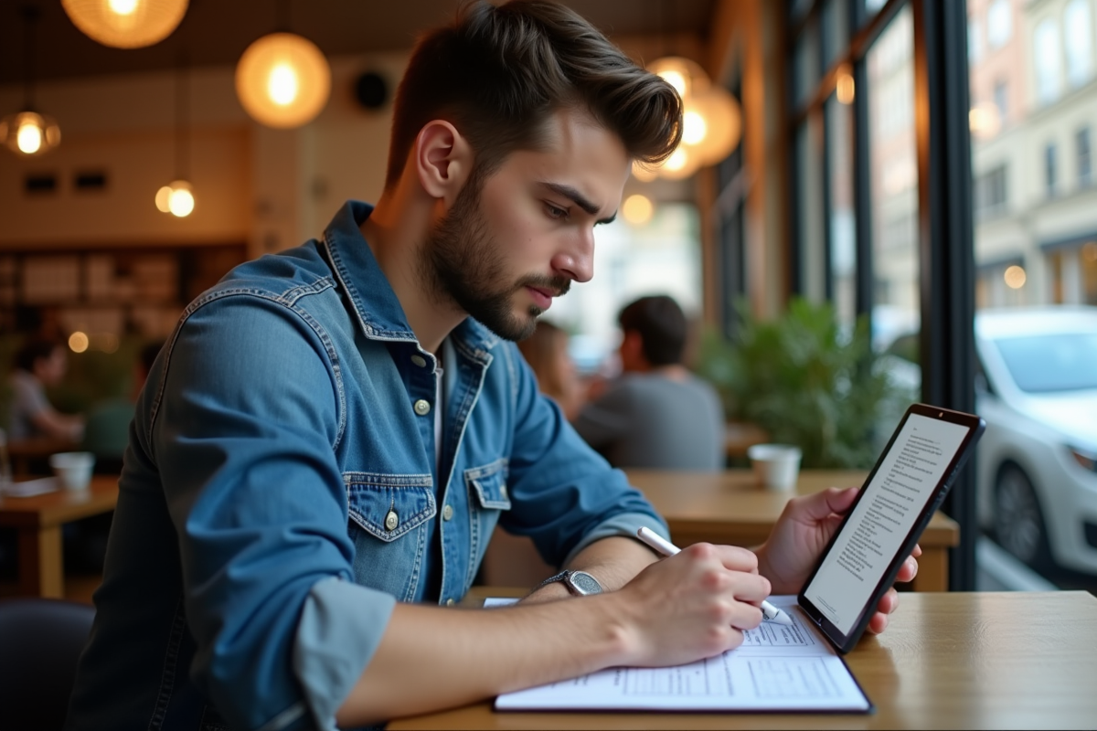 Jeune homme lisant un PDF sur une tablette dans un café