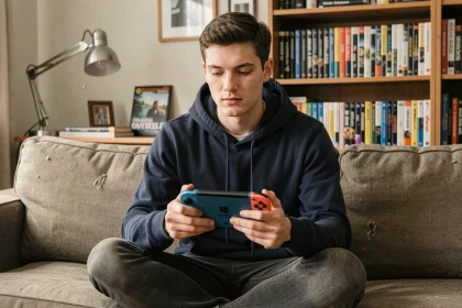Jeune homme tenant une Nintendo Switch dans un salon gamer, réfléchissant au téléchargement de ROMs de jeux vidéo