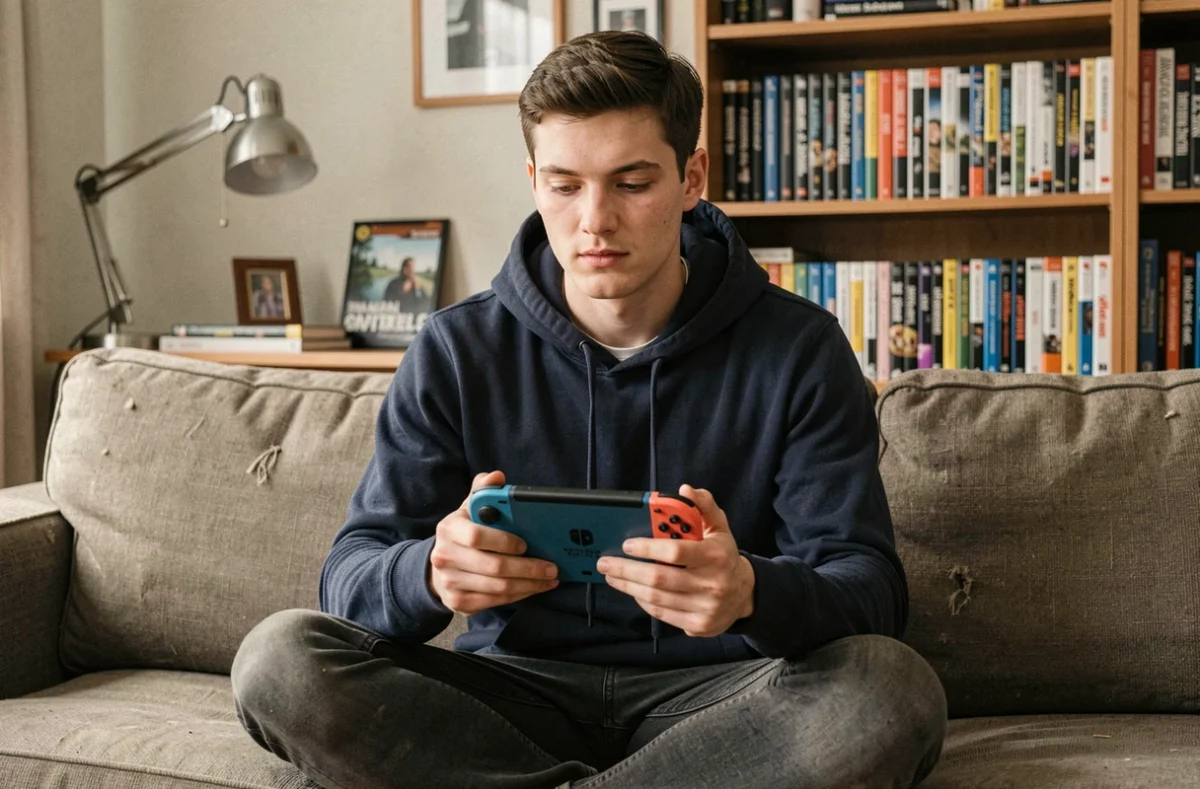 Jeune homme tenant une Nintendo Switch dans un salon gamer, réfléchissant au téléchargement de ROMs de jeux vidéo
