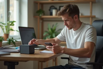 Jeune homme concentré utilisant son smartphone dans un appartement