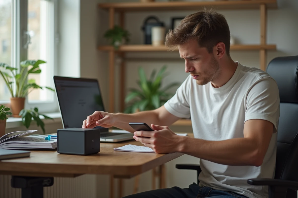 Jeune homme concentré utilisant son smartphone dans un appartement
