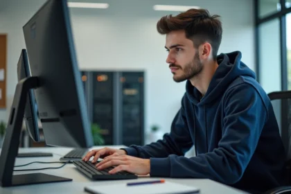 Jeune homme concentré sur son ordinateur dans un bureau moderne