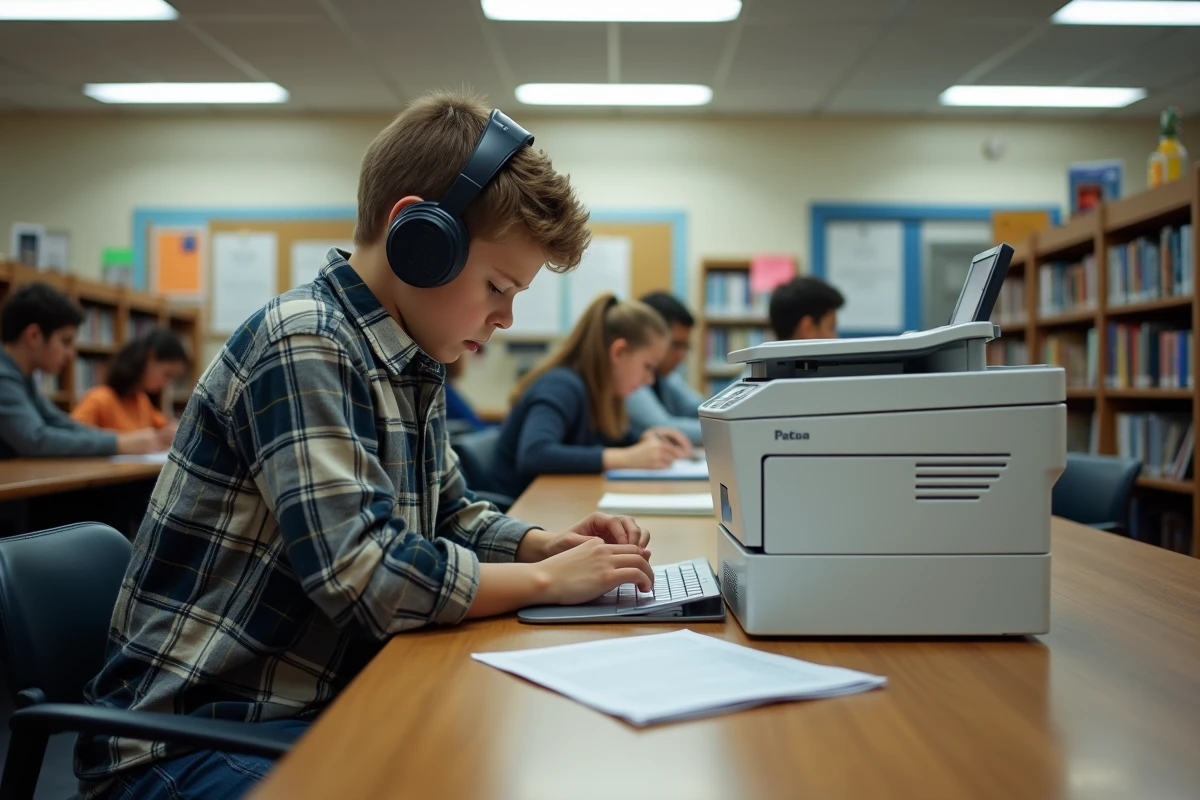 Jeune garçon scannant des documents dans une bibliothèque scolaire