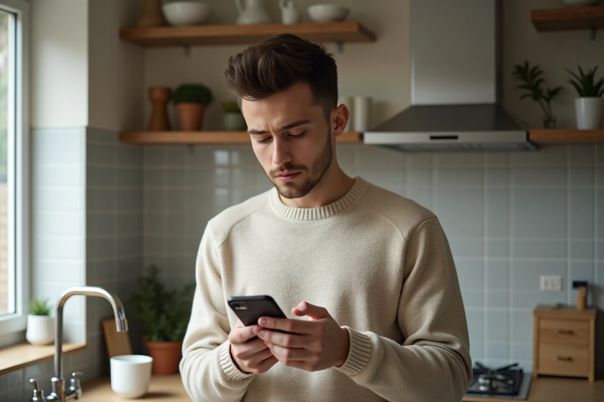 Jeune homme pensif regardant son smartphone dans une cuisine chaleureuse