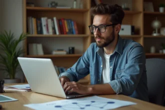 Jeune homme au bureau avec diagramme réseau et ordinateur