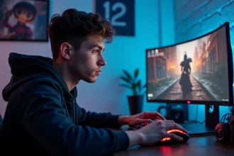 Jeune joueur concentré pratiquant le Click Kohi sur une souris gaming à son bureau informatique