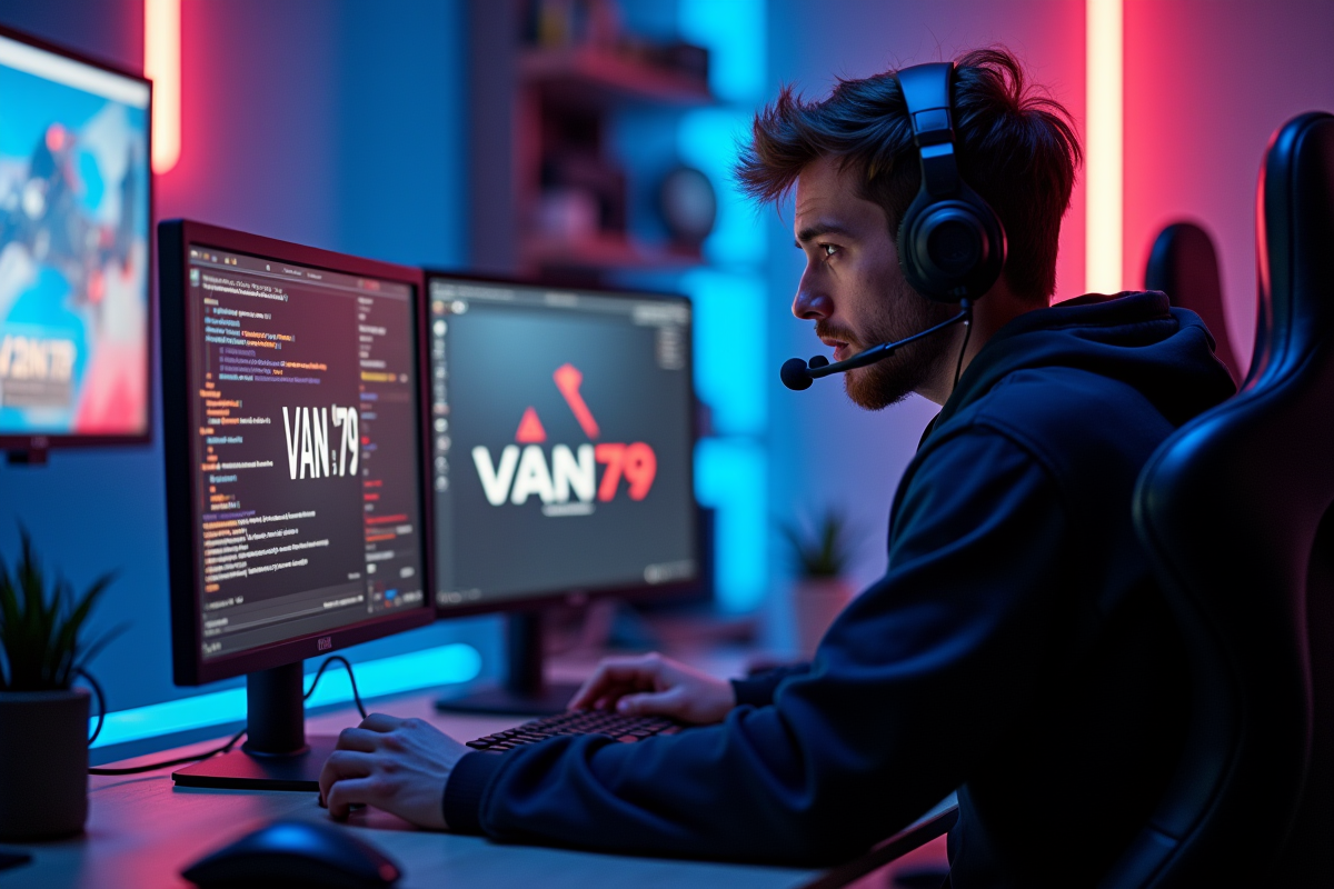 Joueur esport concentré devant un setup gaming Valorant VAN 79