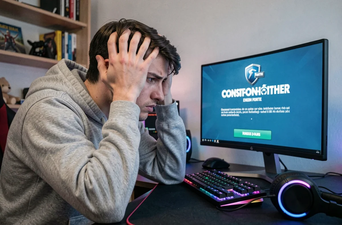 Joueur Fortnite frustré face à un écran d'erreur de déconnexion réseau sur son setup gaming