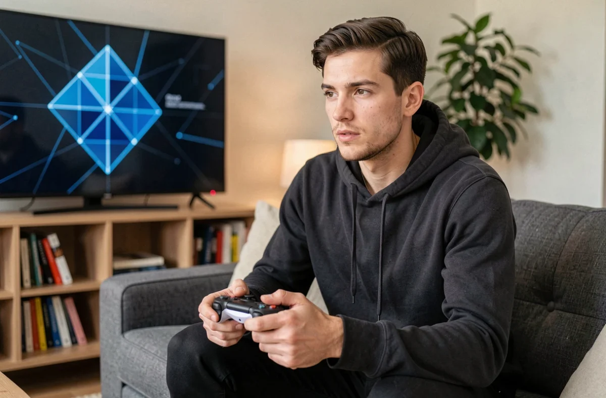 Jeune homme tenant une manette de jeu nouvelle génération devant un écran affichant une interface technologique, anticipation de la prochaine console Xbox