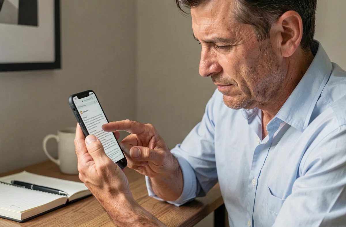 Homme consultant un fichier PDF sur smartphone Android à son bureau à domicile