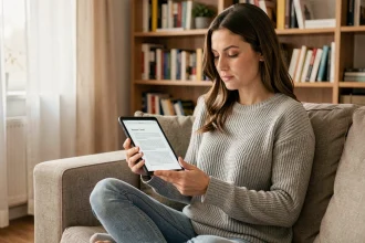 Femme lisant un document PDF sur une tablette Android dans un salon moderne et confortable