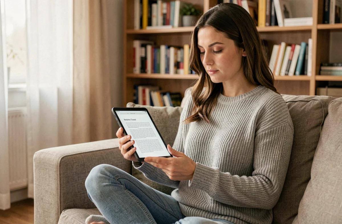 Femme lisant un document PDF sur une tablette Android dans un salon moderne et confortable