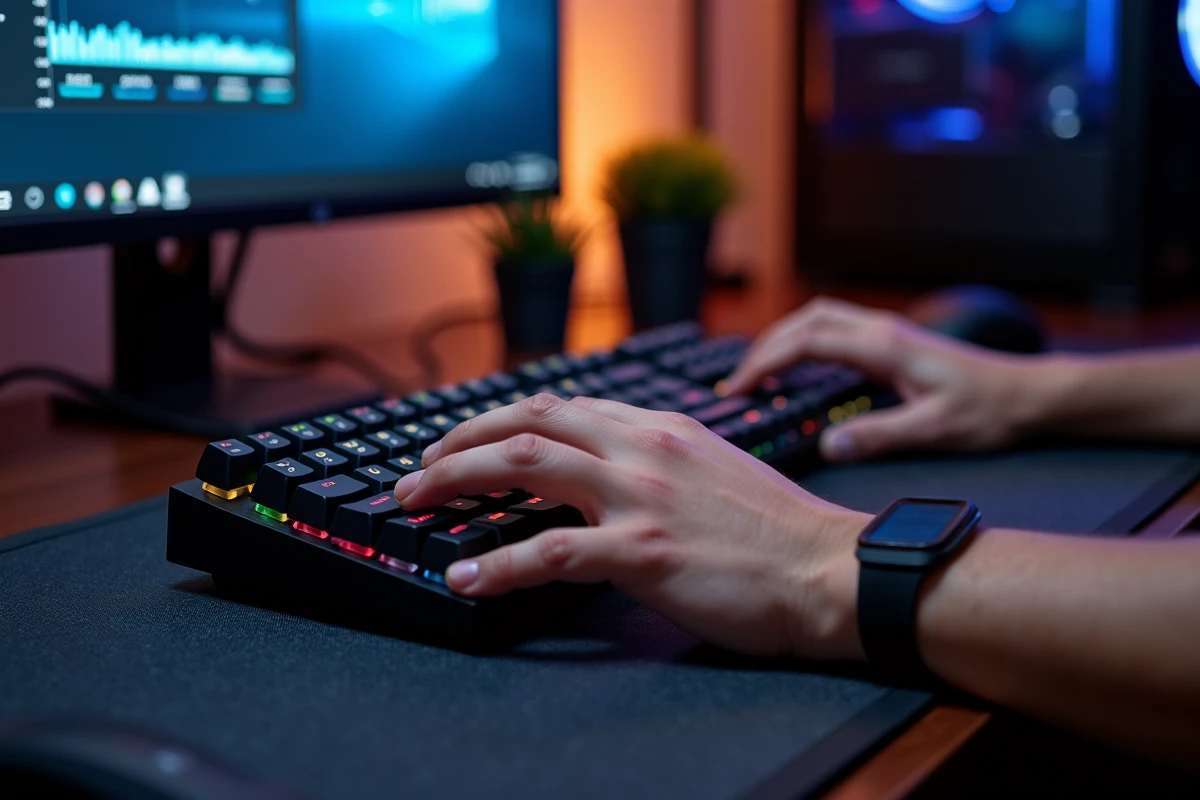 Gros plan sur les mains d'un gamer tapant sur un clavier mécanique devant le Gestionnaire des tâches Windows affichant la consommation CPU et GPU