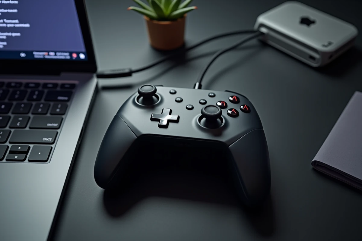 Gros plan sur une manette Nintendo Switch Pro posée sur un bureau avec un câble USB-C et un ordinateur portable affichant les paramètres de configuration