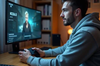 Homme utilisant une manette Nintendo Switch Pro connectée à un PC via USB devant un écran de jeu