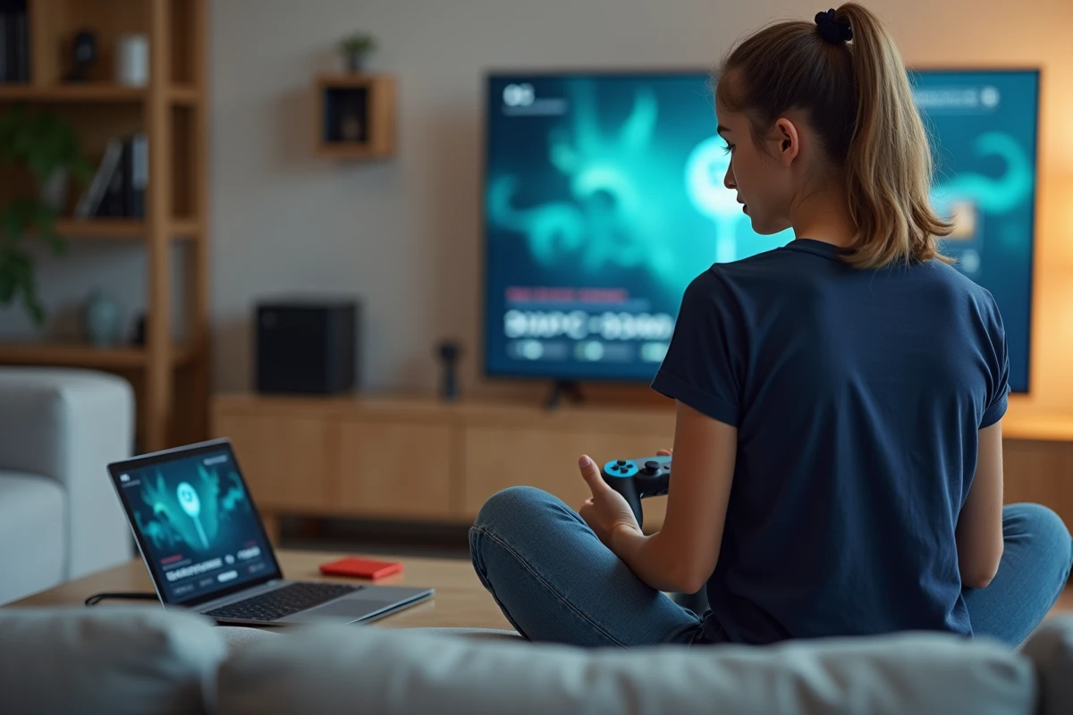 Femme connectant une manette Switch Pro à un ordinateur portable devant une télévision affichant un menu de jeu