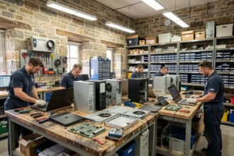 Vue d'ensemble d'un atelier de réparation informatique professionnel en Bretagne avec des techniciens travaillant sur des ordinateurs démontés
