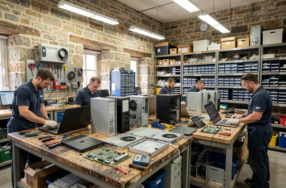 Vue d'ensemble d'un atelier de réparation informatique professionnel en Bretagne avec des techniciens travaillant sur des ordinateurs démontés