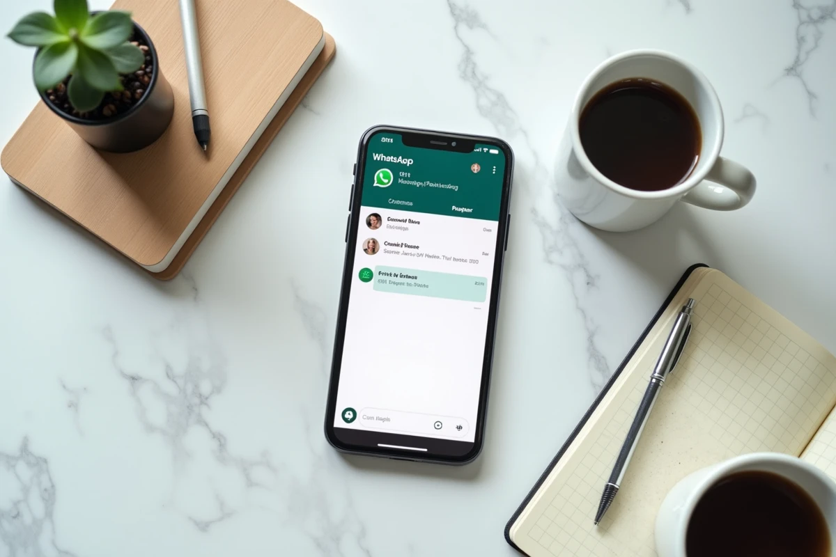 Vue aérienne d'un smartphone affichant un message programmé sur WhatsApp posé sur un plan de travail en marbre avec un carnet et un café