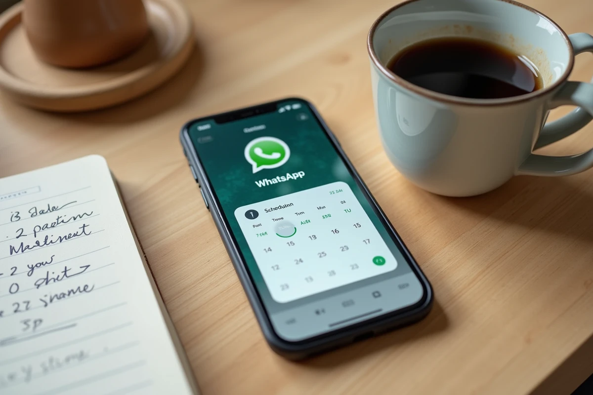 Vue de dessus d'un smartphone affichant WhatsApp avec un message programmé posé sur une table en bois