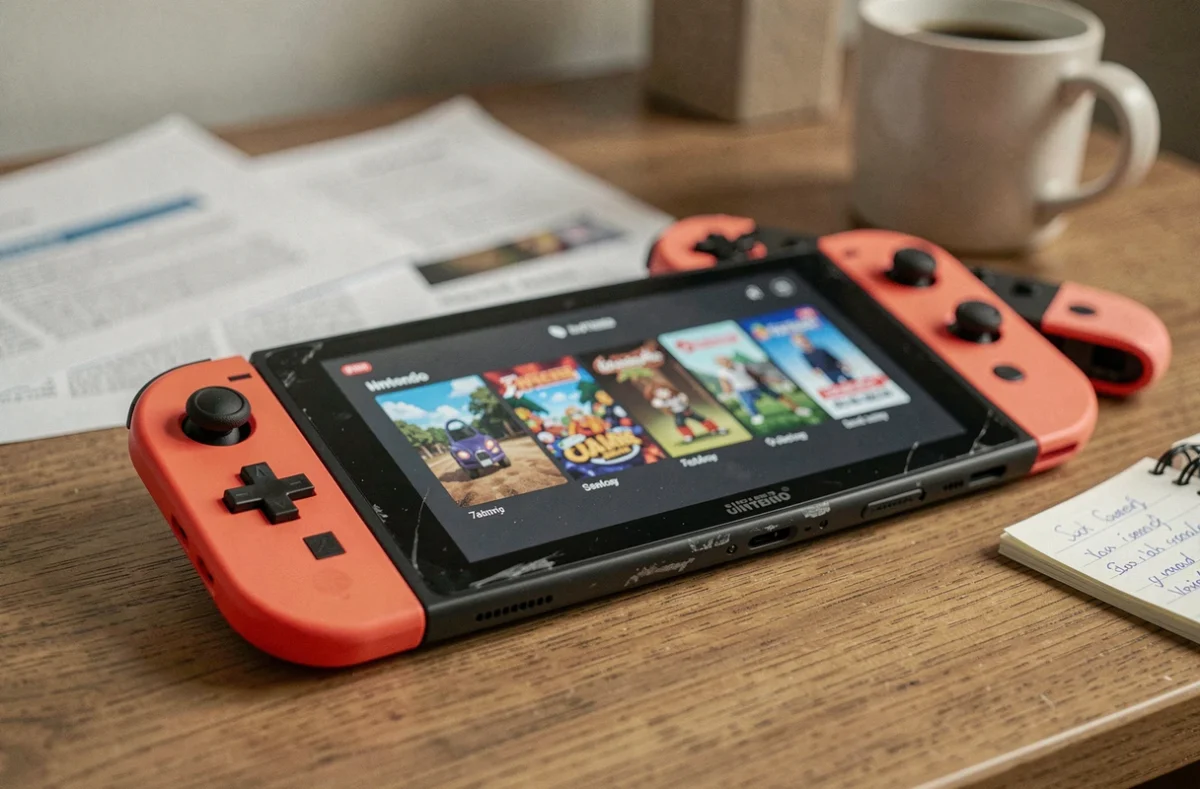 Nintendo Switch posée sur un bureau en bois avec des manettes Joy-Con et des notes manuscrites sur le téléchargement de jeux