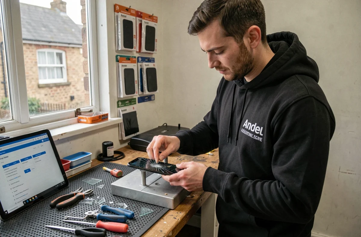Technicien d'Off On Repair remplaçant l'écran d'un smartphone sur son établi dans l'atelier d'Andel
