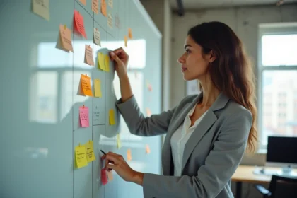 Une cheffe de produit organise des fiches de fonctionnalités sur un tableau blanc dans un studio produit moderne, illustrant la méthode feature by feature