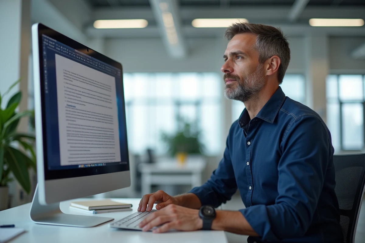 Homme en bureau supprimant une page vierge dans un document Microsoft Word sur écran d'ordinateur