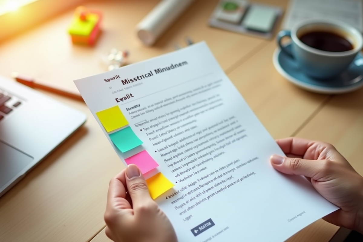 Main tenant une page email avec notes colorées sur le bureau