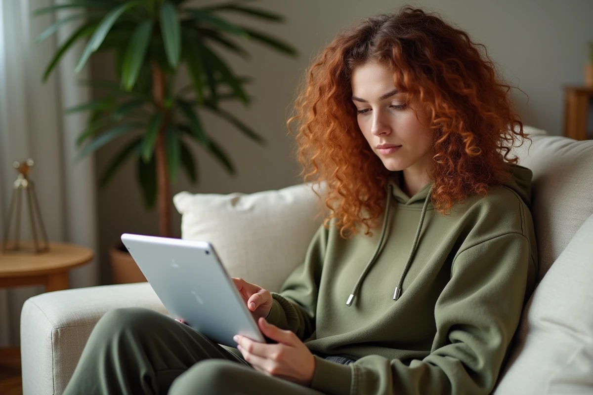 Jeune femme paramétrant la redirection de son webmail acdijon sur une tablette depuis son canapé